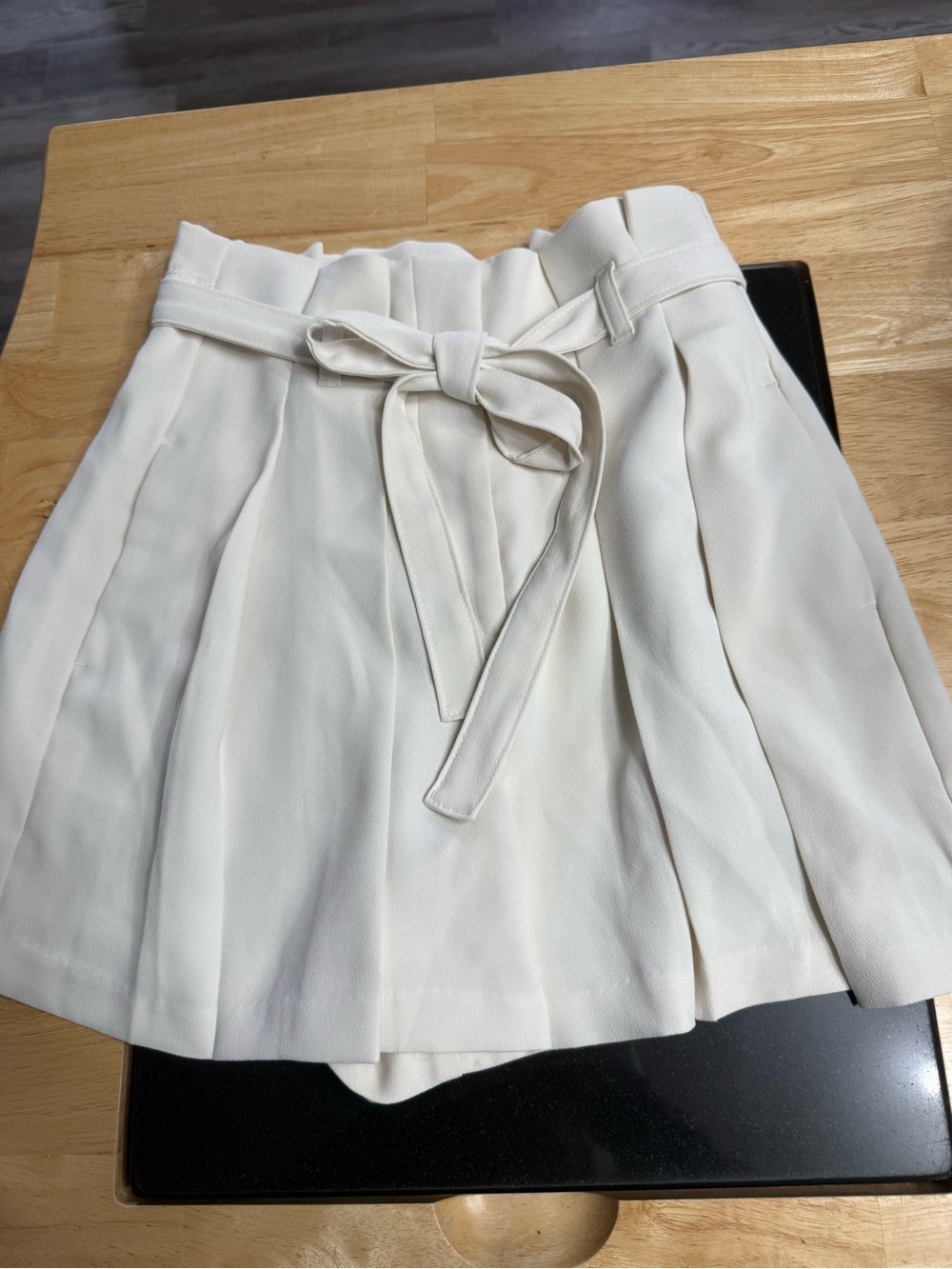 Express Cream Pleated Mini Skirt with Self-Tie Waist
